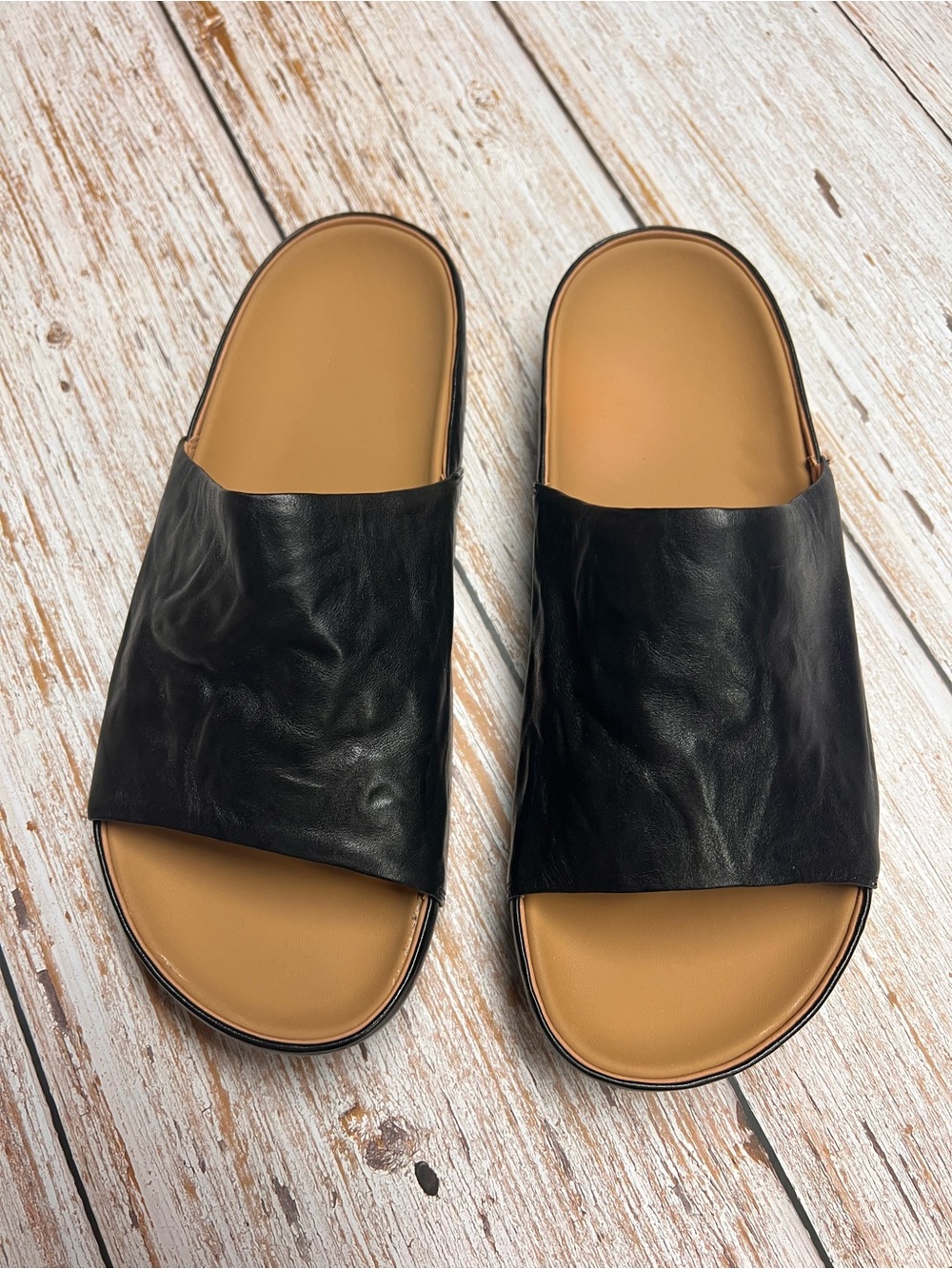 Black Leather Slide Sandals with Tan Footbed